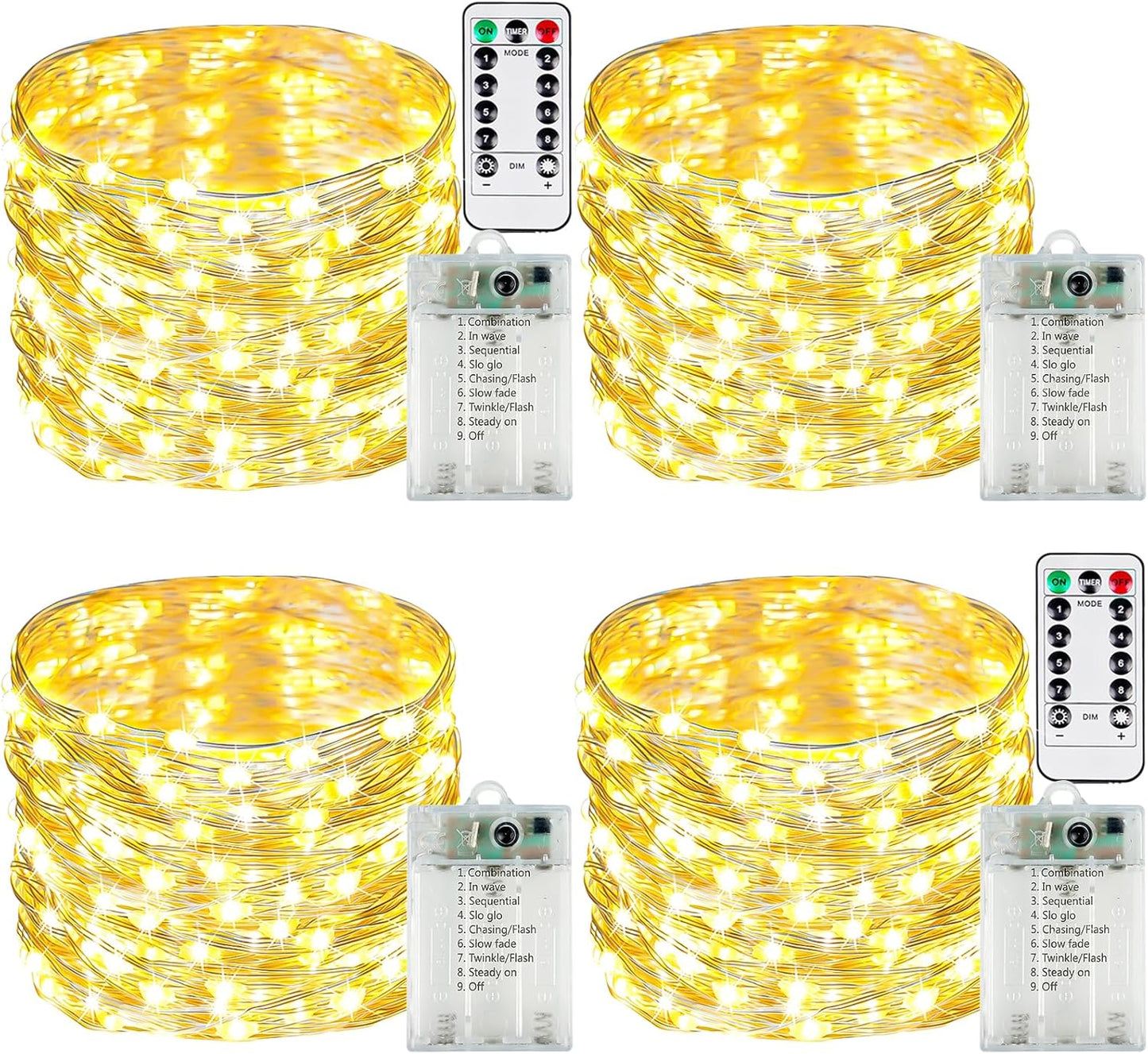 4 Pack Fairy Lights Battery Operated with Remote Control Timer, LED String Lights Outdoor Indoor Decorations, 8 Modes Twinkle Lights for Christmas Party Wedding Birthday Bedroom Décor (Warm White)