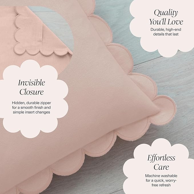 BEBE BASK Scalloped Pillow Cover - Set of 2-18 x 18 Inch - Scallop Pillow Cover - Pink Scalloped Pillows - Scallop Pillows - 100% Cotton - Grandmillennial Style (Peach Pink/Peach)