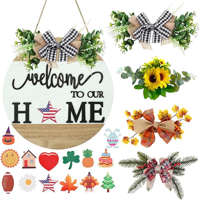 Interchangeable Welcome Sign for Front Door with 4 Seasonal Wreaths and 14 Changeable Icons, Farmhouse Front Porch Décor, Front Door Decoration, Seasonal Rustic Wooden Wall Sign home décor (7wood)