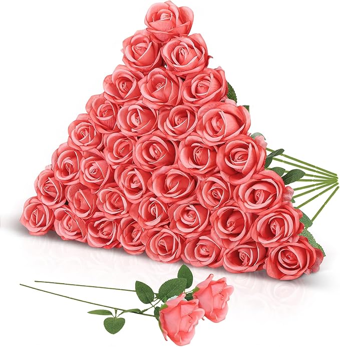 36 Pcs Deep Pink Artificial Roses with Long Stems, Fake Silk Rose Artificial Flowers Bulk for Bridal Wedding Bouquet Centerpiece Ball Arrangement Party Decor