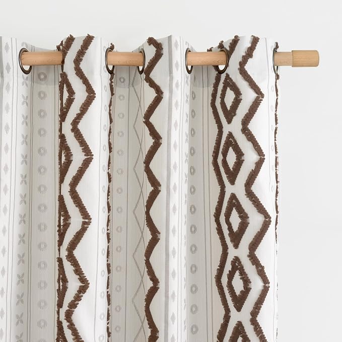 BGment Jacquard Brown Linen Curtains for Living Room, Boho Tufted Pom Stripe Modern Farmhouse Drapes for Bedroom Light Filtering, 52 X 84 Inch, 2 Panels