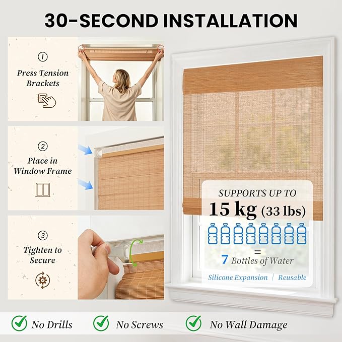 HESTIA No Drill Cordless Bamboo Roman Shades with Matching Valance, Light Filtering Natural Woven Roll Up Blinds for Living Room, Dining Room, and Sunroom, 31" W X 64" H
