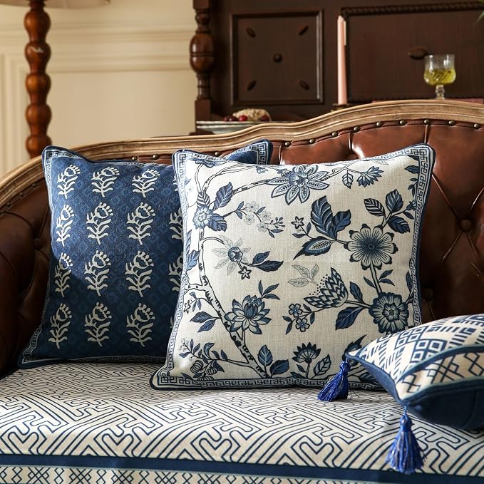 bilin gaier Designer Vintage Linen Throw Pillow Cover,18"x18"-Suqing A | Elegant Square Pillow Cover,Concealed Zipper Design,Blue Floral Pattern,Sofa,Bedroom,Living Room,Lounge Chair