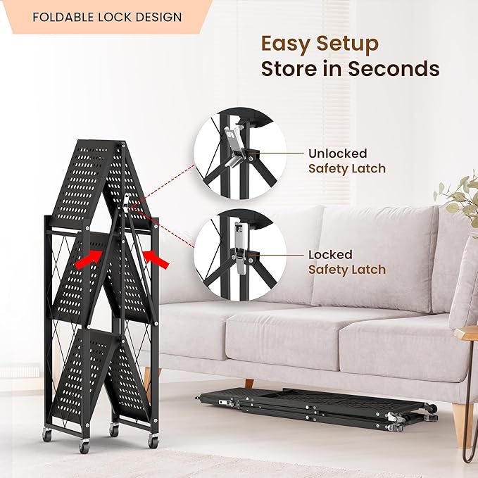 Our Modern Space 3-Tier Foldable Storage Shelf with Wheels | Metal Rack Collapsible Shelving Display | Rolling Cart for Books Kitchen Storage Shelves | Pantry & Closet Organizer | Office Room Decor