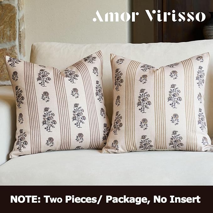 Amor Virisso Floral Throw Pillow Covers 20x20 Set of 2 Block Print Pillow Covers Neutral Floral Striped Farmhouse Decorative Pillow Covers for Sofa Couch Bed, Brown