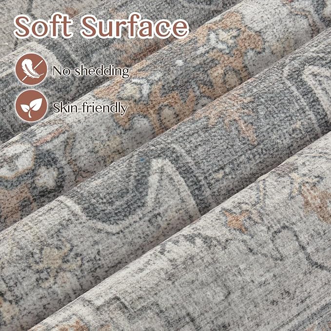 Tortania Area Rug 2x3 Doormat - Washable Vintage Oriental Farmhouse Soft Thin Indoor Carpet for Living Room Bedroom Hallway Entryway Kitchen - Brown Gray