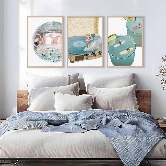 Blue Coastal Groove Wall Art Retro Disco Beach Canvas Poster Summer Surf Wall Decor Trendy Coastal Pictures Ocean Painting Preppy Aesthetic Prints Funky Artwork for Girls Bedroom 16x24 Inch Unframed