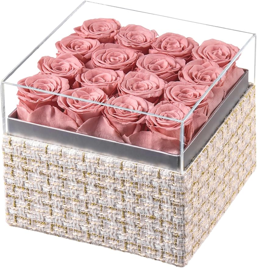 Eterfield Forever Flowers Preserved Roses Real Roses that Last Over a Year Rose Box Gifts for Her Mothers Day Valentines Day Christmas (Square Gold White Plaid Box, 16 Dusty Pink Roses)