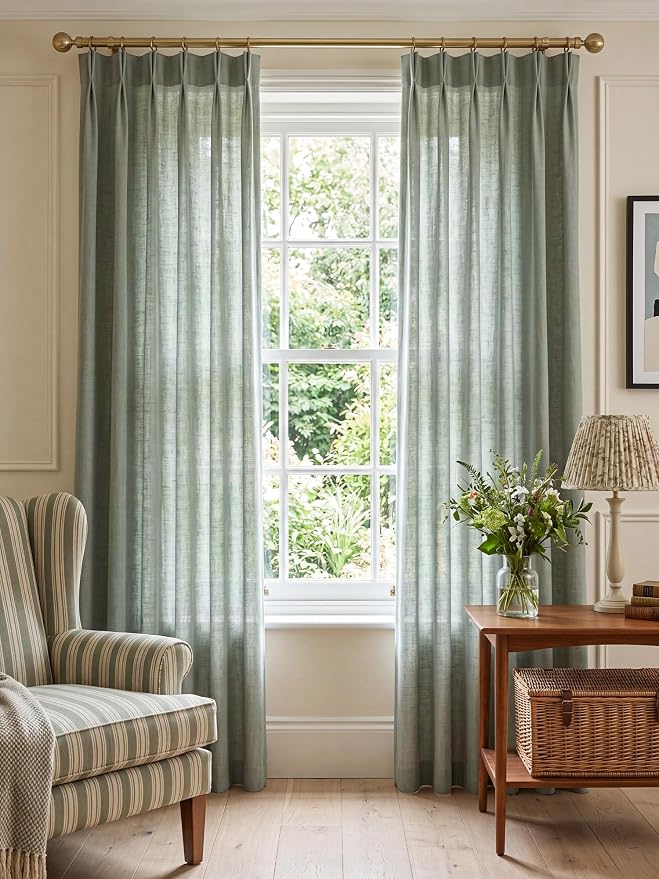 Liz Pinch Pleated Linen Curtains Light Filtering Curtains for Living Room, Farmhouse Window Curtains for Bedroom, Modern Drapes with Hooks and Rings, 90 Inches Long, Sage Green, 2 Panels Set
