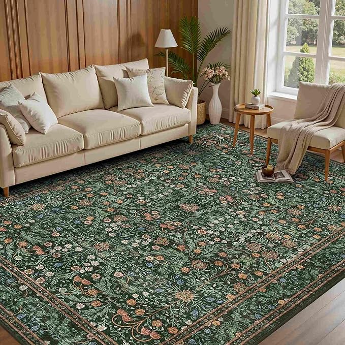 Rugxara 5x7 Area Rugs for Living Room Bedroom, Large Washable Rug, Green Vintage Floral Boho Rug, Non Slip & Low Pile Faux Wool Thin Carpet for Indoor Dining Room and Kids Room(Green 5x7ft)