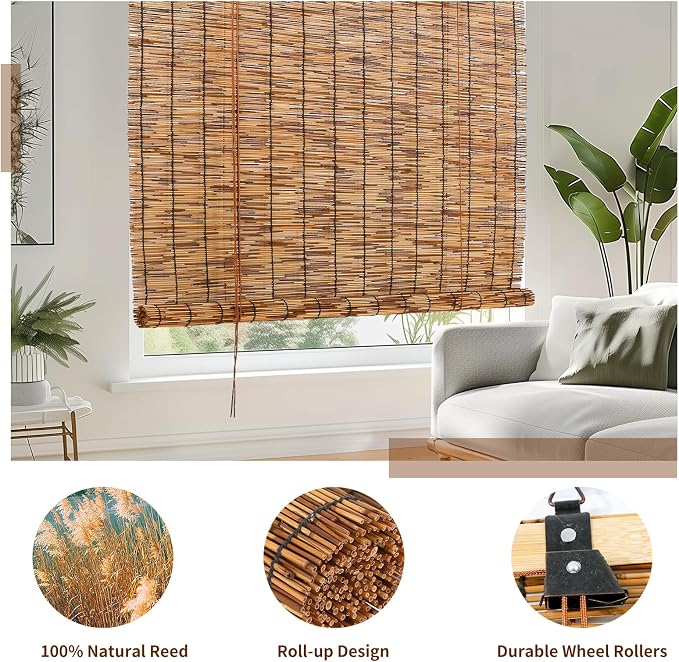 Reed Roller Blinds Shades, Vertical Lifting and Breathable Waterproof Design, Sun Shade and Ventilation, Easy Installation,35" Wx64 H