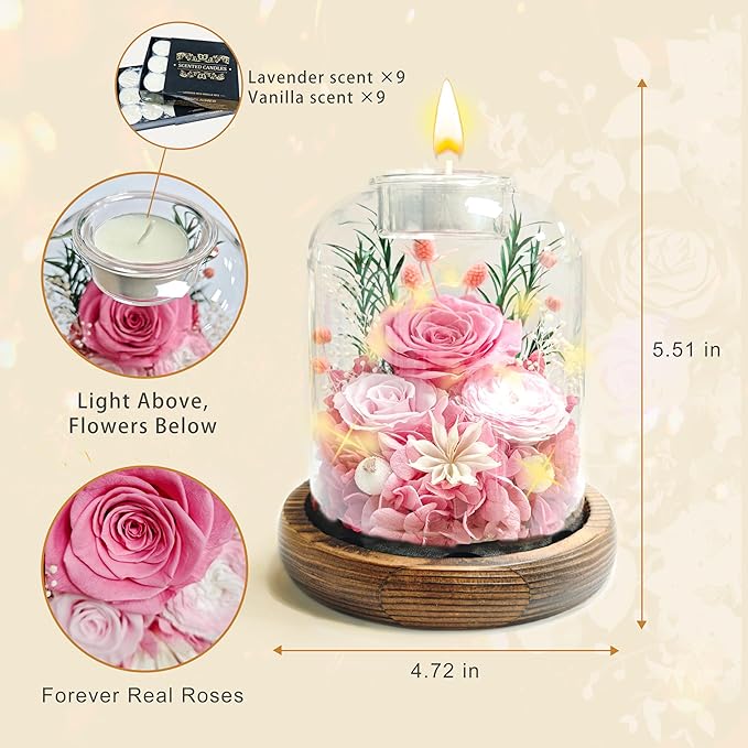 Gifts for Mom, Preserved Rose Flowers in Glass Dome, Forever Flowers for Delivery, Eternal Rose, Birthday Gifts for Women, Mothers Day for Grandma, Wife, Daughter, Anniversary(Pink)
