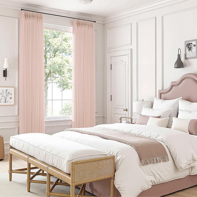 Light Pink Linen Curtains Pinch Pleated 108 Inch Length 2 Panels for Nursery Baby Girls Bedroom Semi Sheer Light Filtering Pleated Linen Curtains for Living Room Bedroom Dusty Blush Pink