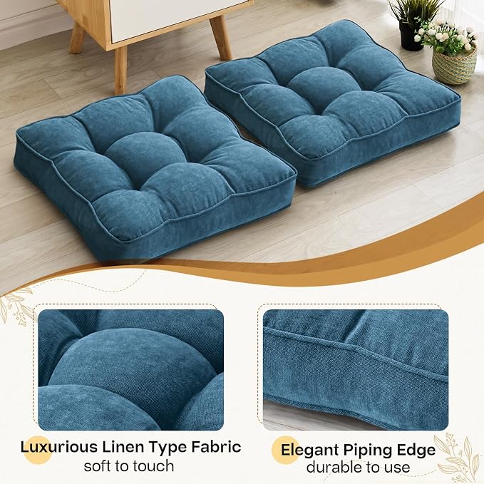 1 MIDDLE ONE Floor Pillow Set of 2, Memory Foam Floor Cushions for Adults, Large Meditation Pillow for Sitting, 22 x 22 Inches (Square | Navy)