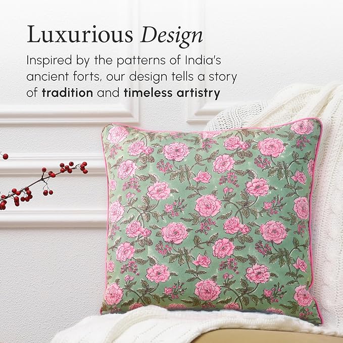 CPC 100% Cotton Throw Pillow Covers 18x18 Inch, Set of 2 Pink Block Print Pattern Couch Pillow, Cute Boho Decorative Pillows for Living Room, Bedroom with Hidden Zipper- Pink Tourmaline