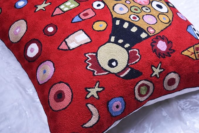 Red Rooster Throw Pillow Cover Karla Gerard Floral Pillowcase Floral Chair Cushion Flower Couch Pillowsham Red Farmhouse Pillow Hand Embroidered Cushions Wool Size 18x18