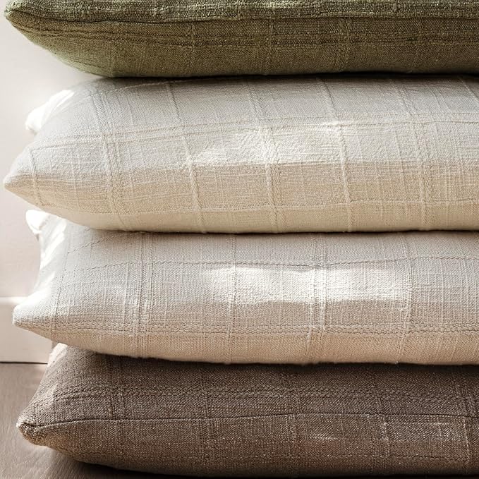 Foindtower Set of 2 Decorative Linen Check Throw Pillow Covers Neutral Farmhouse Vintage Cushion Covers Modern Boho Home Decor for Sofa Chair Couch Bedroom Living Room,20×20 Inch,Taupe Grey