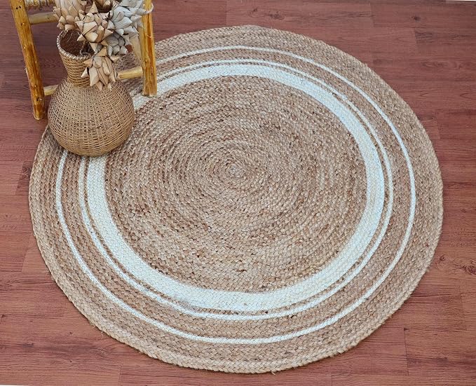100% Jute Area Rug Approx 6 Feet - Braided Design Hand Woven Natural White Rings Carpet - Home Decor for Living Room Hallways - Round Natural Fibers