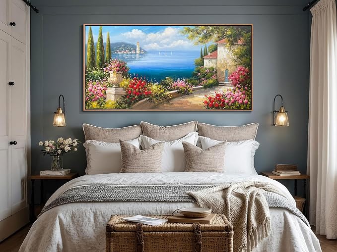 Arjun Extra Large Wood Framed Landscape Wall Art Canvas Living Room, Hand Painted Seascape Painting Bedroom Flower Blue Ocean Picture Artwork Home Office Wall Decor 58"x29"