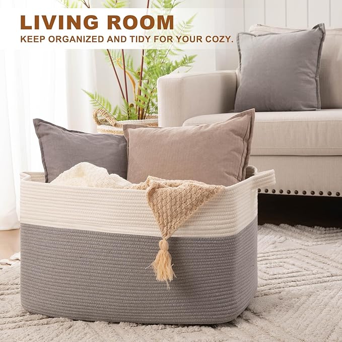 Extra Large Laundry Basket, 95L Blanket Basket for Living Room, Cotton Rope Toy Storage for Kids, Woven Baskets for Clothes, Towels, Pillows, 24" x 17" x 14", Grey and White (Pack of 2)