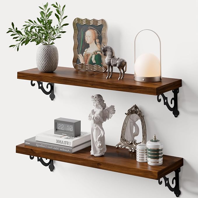 24 Inch 2 Tier Solid Wood Floating Shelves for Wall with Metal Brackets | 24 inch solid pine shelves, 2 tier, walnut finish, metal brackets for books, decor and home storage