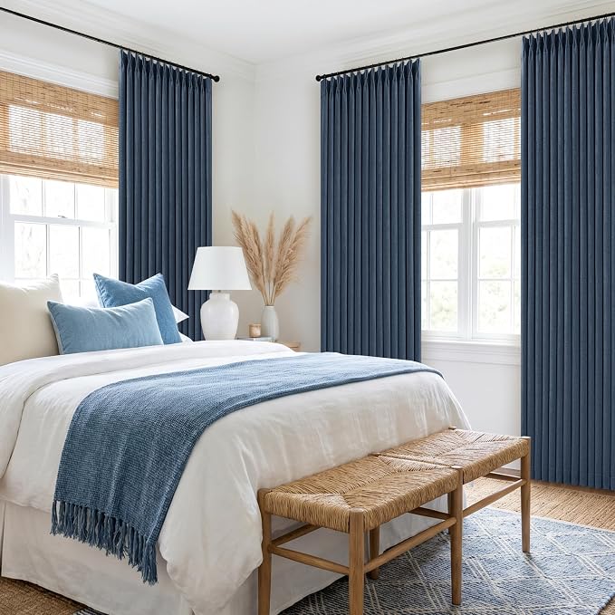 Navy Blue Pinch Pleated Full Blackout Curtains Linen Blend Room Darkening Window Curtains 86 Inch for Living Room Bedroom Thermal Insulated Back Tab Pinch Pleat Drapes with Hooks Rings 2 Panels