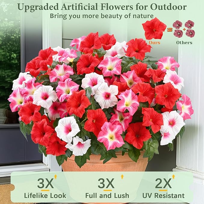 MARTINE MALL Artificial Flowers for Outdoors, 4 Bundles Realistic Fake Outdoor Flowers, UV Resistant Silk Petunia Flower for Outside Look Real Faux Flower Plants for Outdoor Porch, Red Pink White