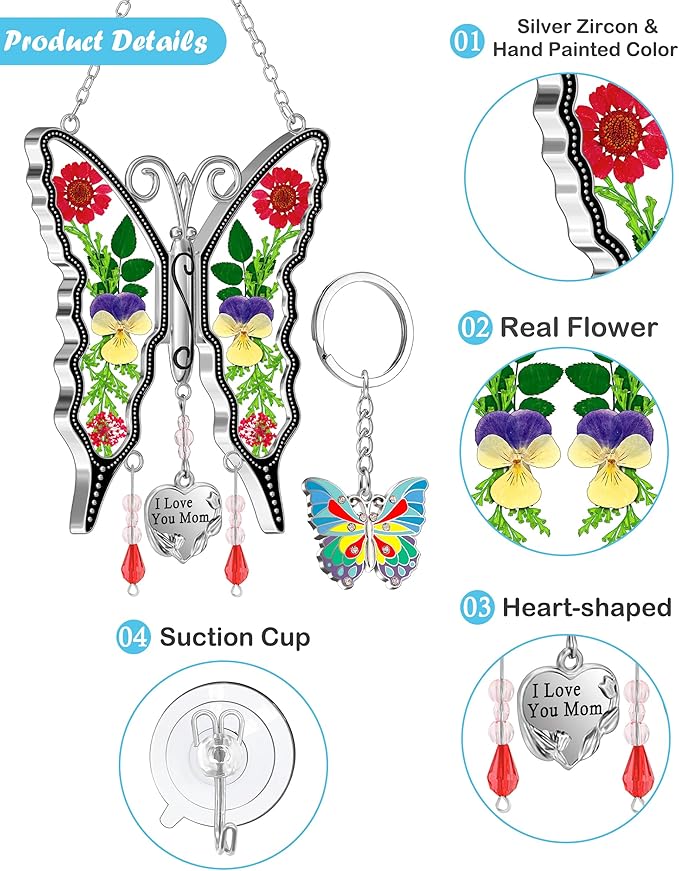KY&BOSAM Gifts for Mom Suncatcher Butterfly Stained Glass Sun Catchers Window Hanging Wind Chime Ornament with Pressed Flowers I Love You Mom Heart Charm for Women Mother's Day Birthday Christms Decor