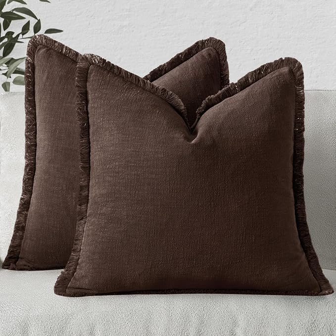 MIULEE Decorative Throw Pillow Covers Neutral Linen Fringe Throw Pillows Set of 2 Dark Brown Boho Farmhouse Cushion Covers with Tassels for Couch Sofa Bed Living Room Fall Decor 20x20 Inch
