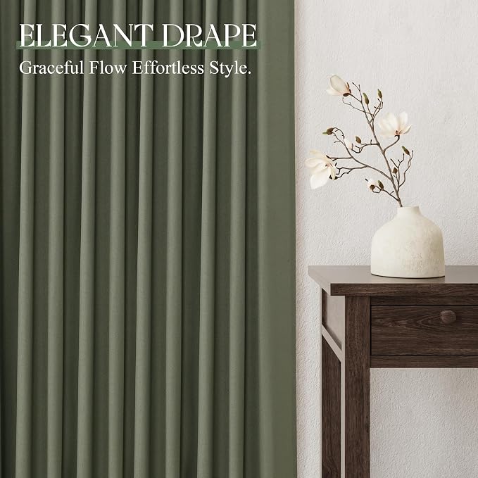 Jowels Olive Green Linen Curtains 60 Inch Long 2 Panels for Living Room | Loden Light Filtering Semi Sheer Curtain, Back Tab Pocket Pleated Look,Farmhouse Textured Privacy Drapes for Bedroom Window