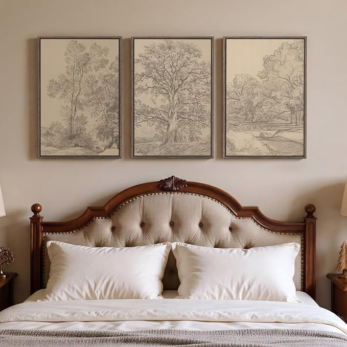 Framed Vintage Tree Sketch Set of 3 Wall Art for Bedroom, Neutral Landscape Antique Brown Canvas Artwork for Walls, Wabi Sabi Forest Rustic Wall Decor for Living Room Hallway Office Kitchen, 16x24 In