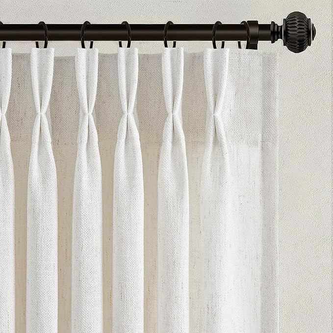Extra Wide Pinch Pleated Curtains 90 Inches Long for Sliding Glass Door Natural Ivory Thick Linen Textured Light Filtering Semi Sheer Pleat Drapes Hooks Rings for Large Window 1 Panel Cream Ivory