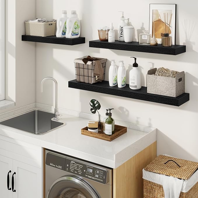fuqing Floating Shelves for Wall, Wall Mounted Wood Floating Shelf with Invisible Brackets for Living Room, Bathroom, Bedroom, Kitchen Storage and Decor, 24 Inch Set of 2, Black