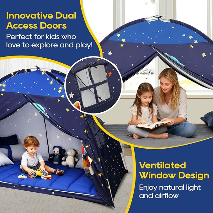 Redants Twin Bed Tent Canopy, Space Indoor Blackout Privacy Toddler Bed Tent for Kids with Light, Portable Sleeping Floor Kids Playhouse (Blue, Twin Size)