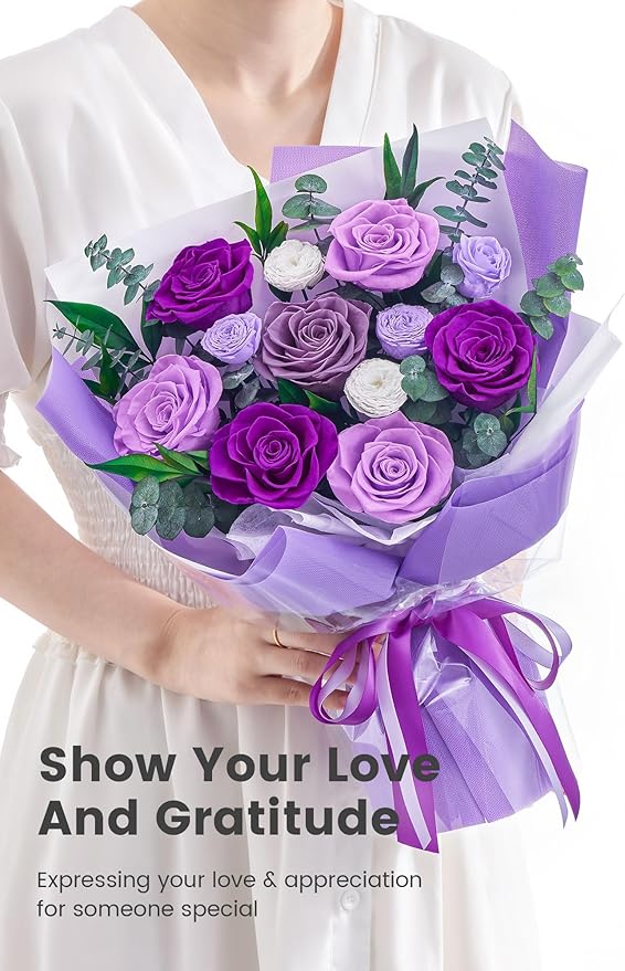 Polylove Flowers for Delivery Prime Forever Flowers Bouquet Preserved Roses Bouquet Flower Gift for Women Wife Mother Day Graduation Birthday (Purple, Medium)