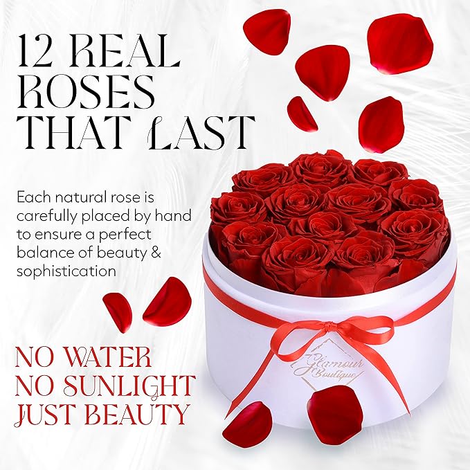 GLAMOUR BOUTIQUE Flowers Forever Gift Box, 12 Real Preserved Roses in Velvet Box, Floral Gift for Her, Mom or Wife for Birthday, Mother’s Day, Anniversary or Graduation, Red (Color-Treated)