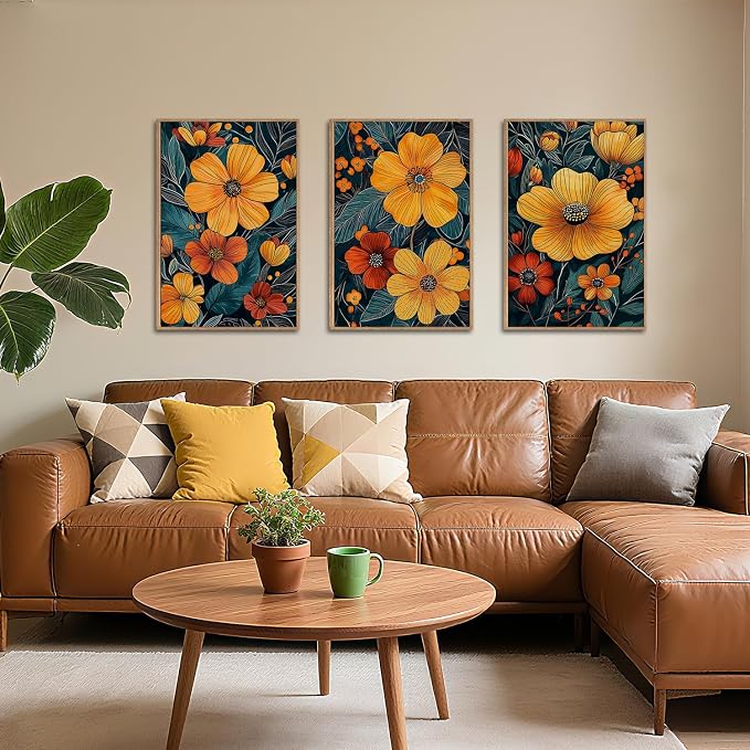 SIKERIC Vintage Orange Floral Wall Art Set of 3, Mid Century Flower Framed Canvas Art Painting, Modern Nature Botanical Art Prints, Boho Neutral Plant Wall Decor for Living Room, Bedroom, Office-24x36