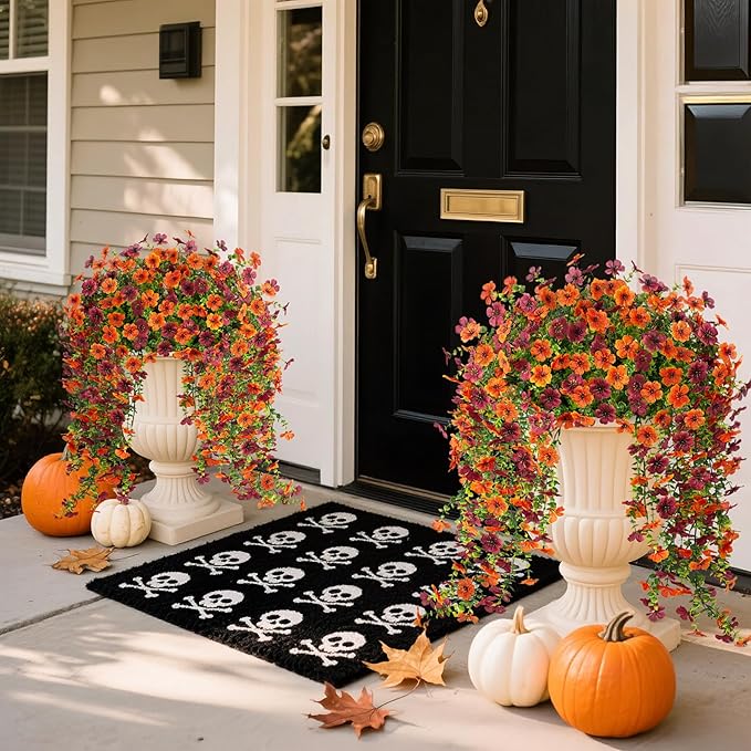 Ammyoo Artificial Hanging Flowers for Outdoors Fake Plants Decoration, 2 Packs Faux Silk Daisy Flower Realistic Outdoor Flowers UV Resistant Porch Patio Window Yard Indoor Spring Decor(Orange Brown)