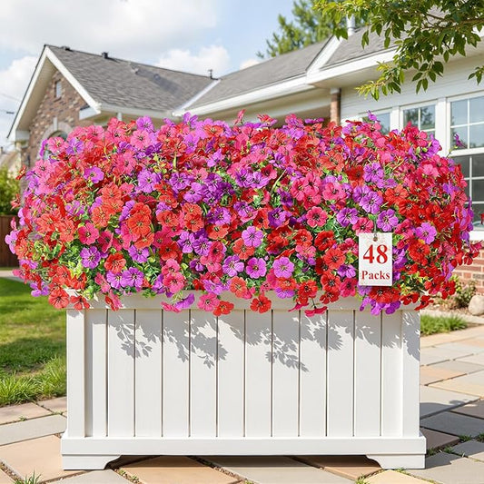 Alupssuc 48 Bundles Artificial Flowers for Outdoors Decoration, UV Resistant Silk Faux Daisy Flora Spring Fake Plastic Plants Greenery for Outside Indoor Yard Home Porch Window Box Decor, Mix 3 Colors