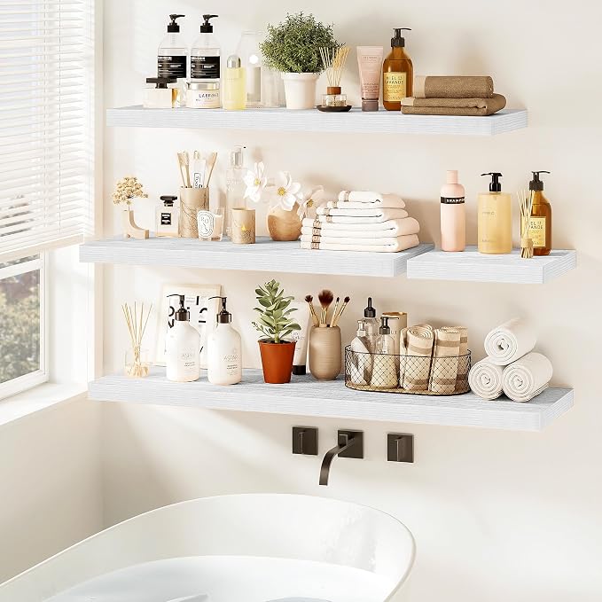 Vivelove White Floating Shelves for wall, 24 Inch Wall Display Shelves with Invisible Brackets, for Bathroom Living Room Kitchen Bedroom Office Farmhouse Home Decor, 24X9.3X1.5 - Set of 2, White