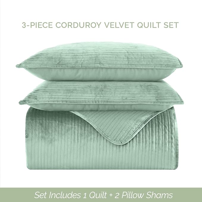 Elegant Comfort Luxury 3-Piece Velvet Corduroy Stripe Quilt Set, Ultra Soft Bedspread - Cozy Velvet Coverlet Set - 3PC Medium Weight Quilted Set with Matching Pillow Shams, King, Smoke Green