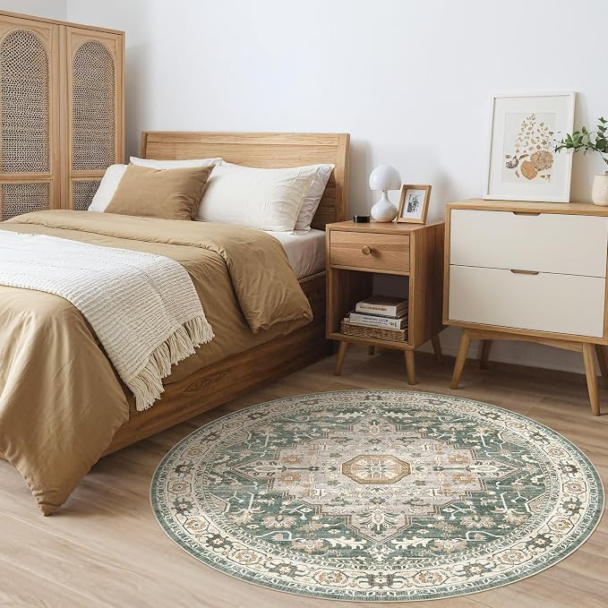 10ft Round Rug Living Room Rugs: 10x10 Washable Boho Neutral Large Circle Soft Indoor Distressed Stain Resistant Floor Farmhouse Carpet for Bedroom Nursery Kids Playroom Office Dining Room Dorm- Green
