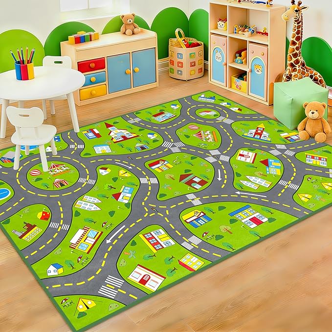 Car Rug for Kids Room, Kids Play Mat for Floor Green Educational Learning Track Road Rugs Decorate Nursery Toddler Preschool Bedroom Playroom Decor Mat, 2.5 x 4 Feet