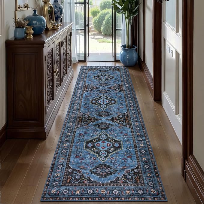 Tangsoo Blue 2.6x10 Washable Hallway Runner Rug, Non Slip Vintage 10ft Runner Rugs for Hallways, Soft Low Pile Long Rug Runner, Print Carpet Runners for Kitchen Bedroom Entryway Living Room
