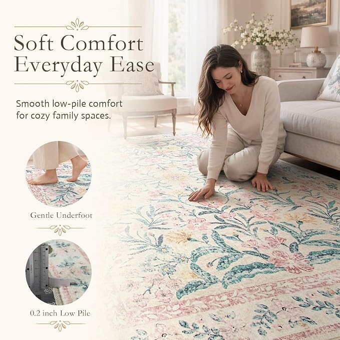Wonnitar 8x10 Washbale Rugs for Living Room, Boho Pink Room Decor for Girls Bedroom, 8 x 10 Soft Non Slip Low Pile Indoor Floral Carpet for Kids Room Playroom Toddler Nursery