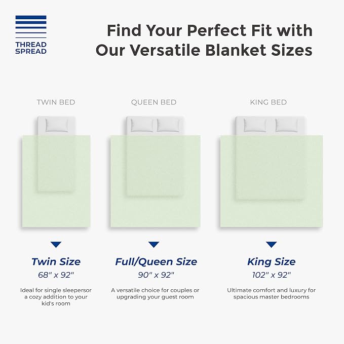 THREAD SPREAD Organic GOTS Cotton Blanket, Full/Queen - 350 GSM, Antistatic, Fuzzy Soft, Lightweight, Sofa, Camping & Travel, Perfect Herringbone All Seasons Throw, Sage Green + Stylish Bonus Tote Bag