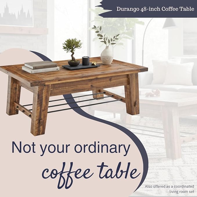 Alaterre Furniture Durango Solid Wood Coffee Table with Metal Storage Shelf | 48-Inch, Rustic Industrial Living Room Table, Metal Accent, Rustic Natural Grain Lacquer Finish