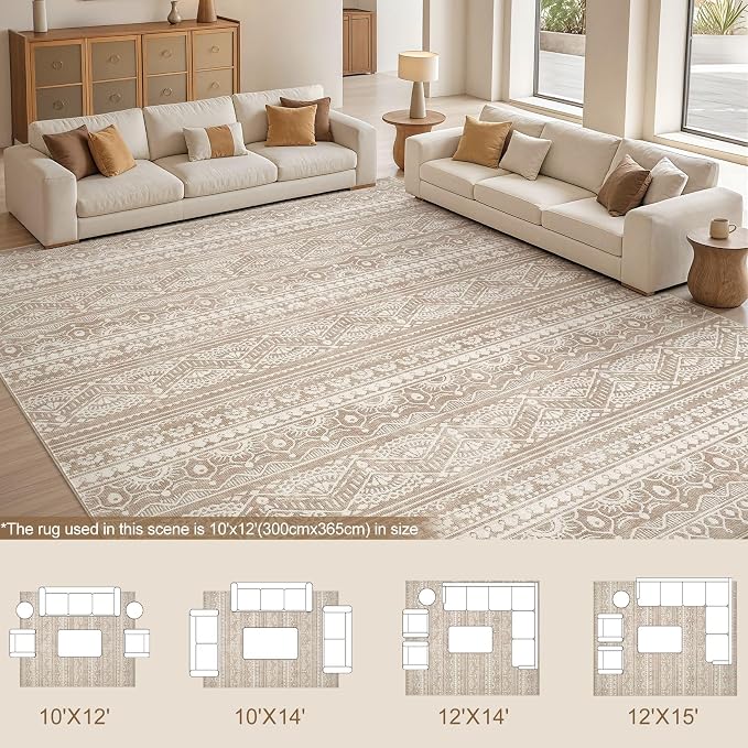 Tortania Area Rug Living Room Rugs - 10x14 Washable Large Soft Neutral Boho Moroccan Bohemian Farmhouse Rug Indoor Floor Carpet for Bedroom Under Dining Table Home Office Decor - Light Brown