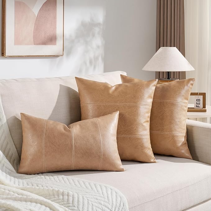 Fancy Homi Tan Long Lumbar Waterproof Faux Leather Decorative Throw Pillow Covers 14x20 Inch for Living Room Couch Bed, Beige Hand Stitched Cushion Case 35x50 cm, Taupe Modern Farmhouse Home Decor