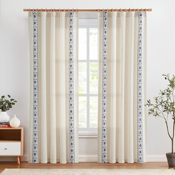 jinchan Weslie Boho Curtains for Bedroom Blue Vintage Floral Farmhouse Curtains 84 Inches Long Linen Drapes for Living Room Embroidered Light Filtering Drapes Rod Pocket Blue on Beige 2 Panels